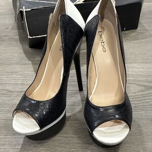 Bebe Black and White Faux Leather Snake Print Open Toe Platform Heels Size 8